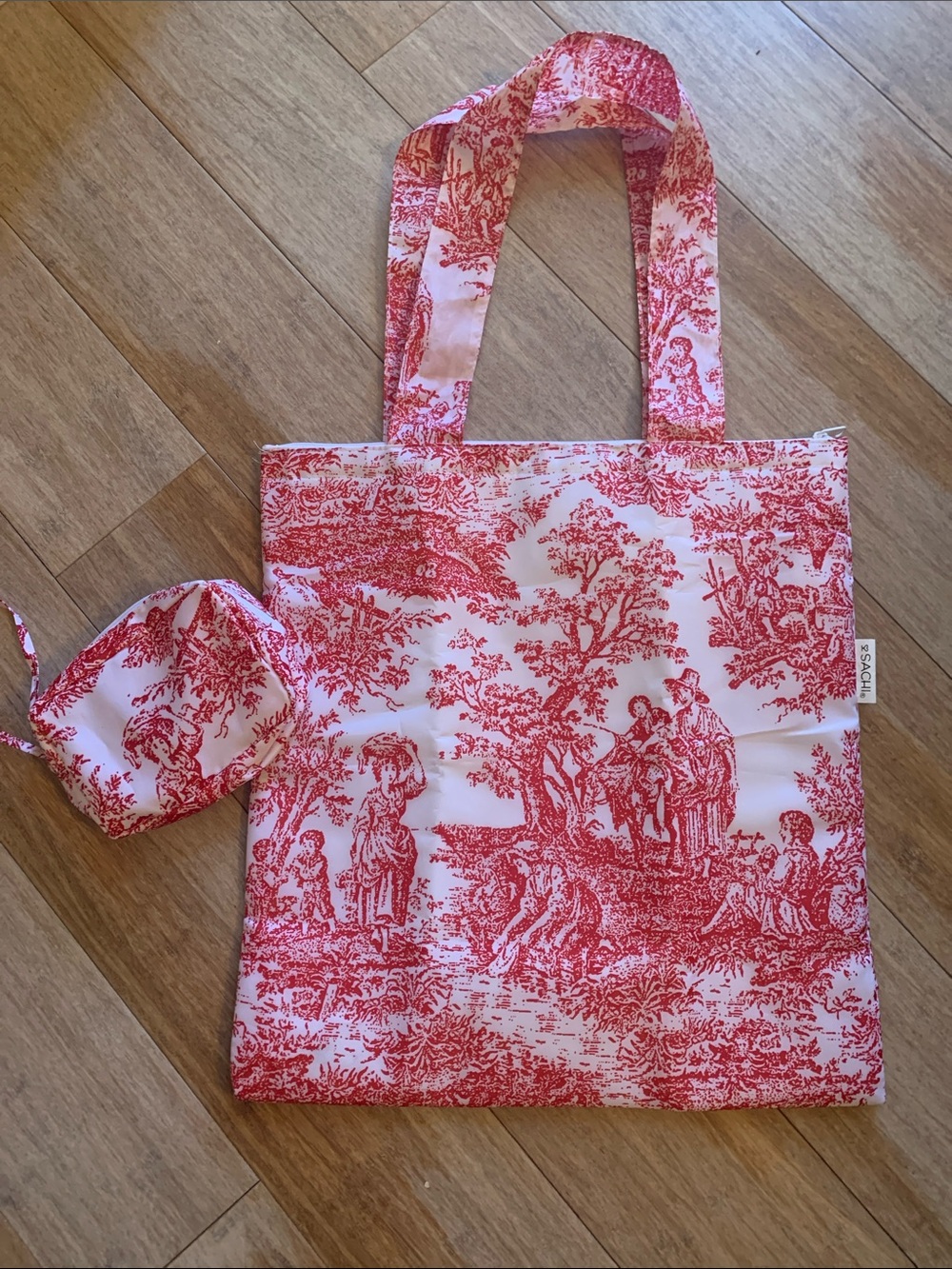 SACHI Red and White Toile Foldable Tote Bag